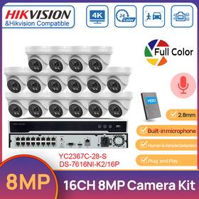 Yc2367c-28-s Hikvision 16ch 16poe Nvr 4k Colorvu Outdoor Camera System Lot Full Color Audio
