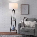 Mainstays Etagere Matte Floor Lamp, 2 Wood Shelves, Lampshade, Black. Fixed Price $33.00.