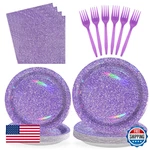Grencian 96PC Holographic Rainbow Purple Plates & Napkins Party Supplies. Fixed Price $39.98.